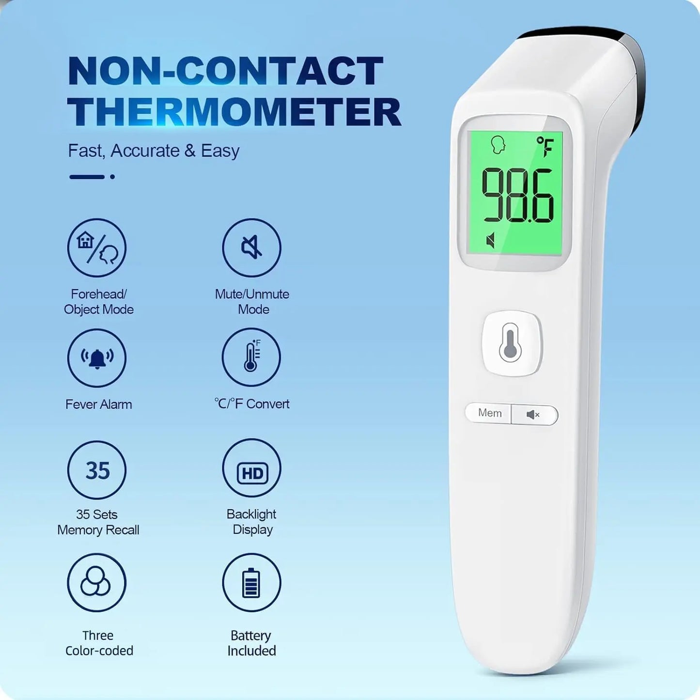 No-Touch Thermometer for Adults and Kids Digital Baby Thermometer Fever Alarm & Silent Mode, 2 in 1 Forehead & Object Thermo